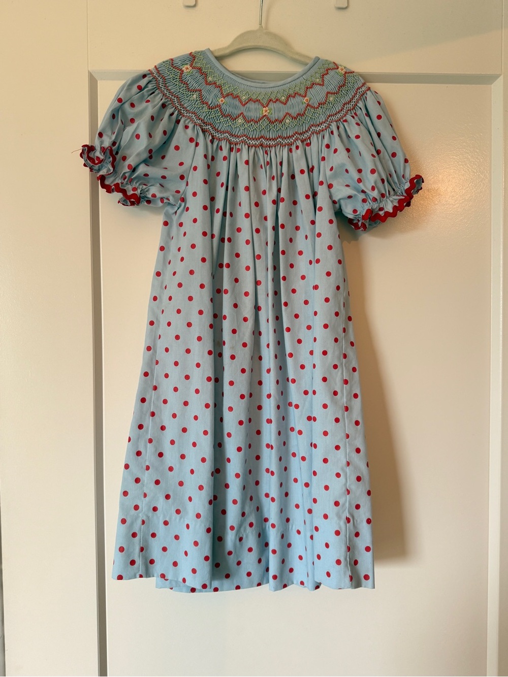 Rosalina Collection Light Blue with Red Polka Dot Smocked Dress, 3T